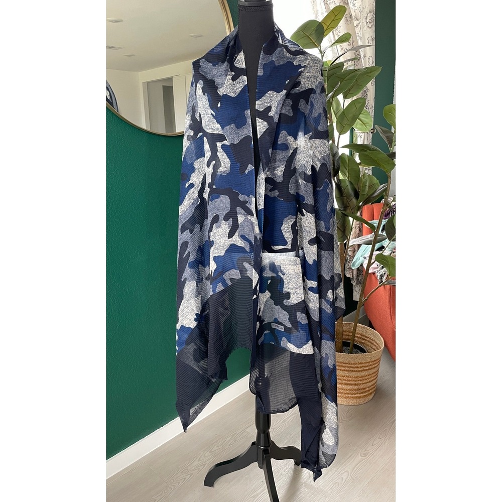 Blue Camo Sheer Scarf Lightweight Shawl Gorpcore Streetwear Statement Fall Wrap - Picture 3 of 8